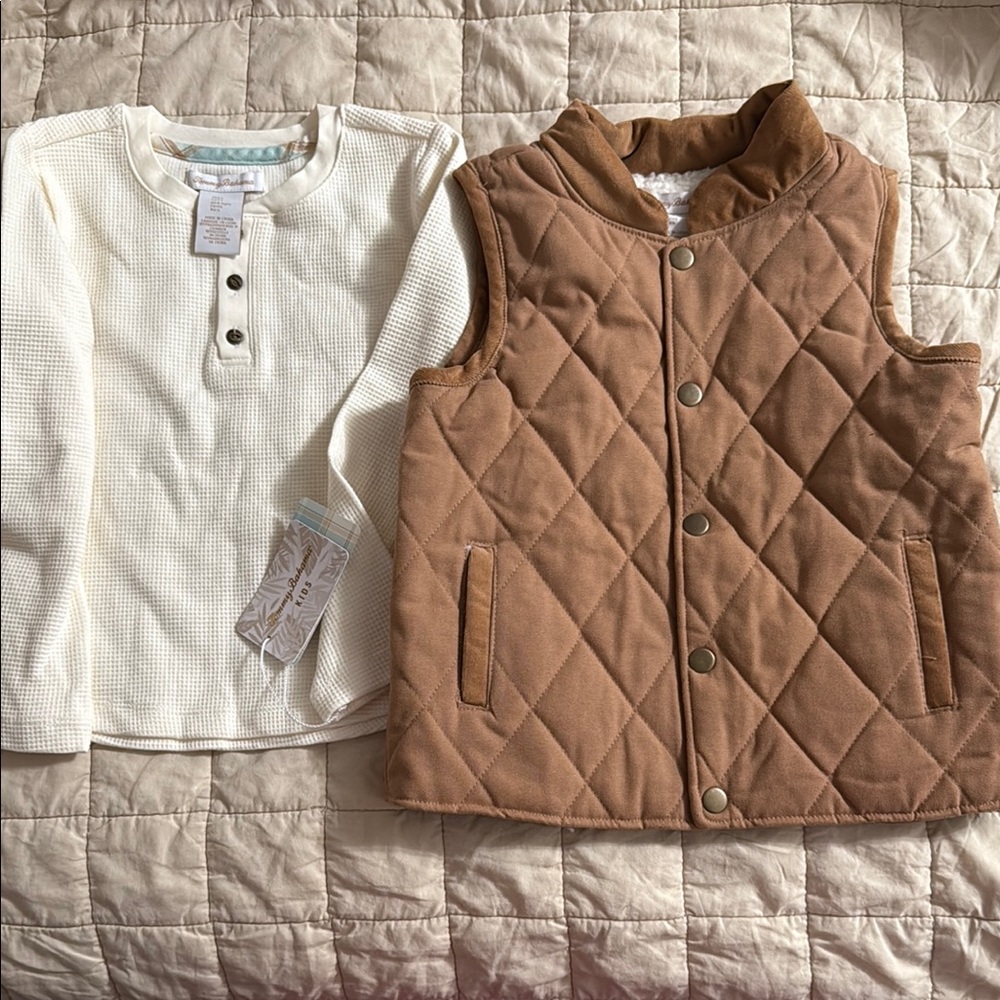 Kids Brown Quilted Vest and Cream Shirt Set